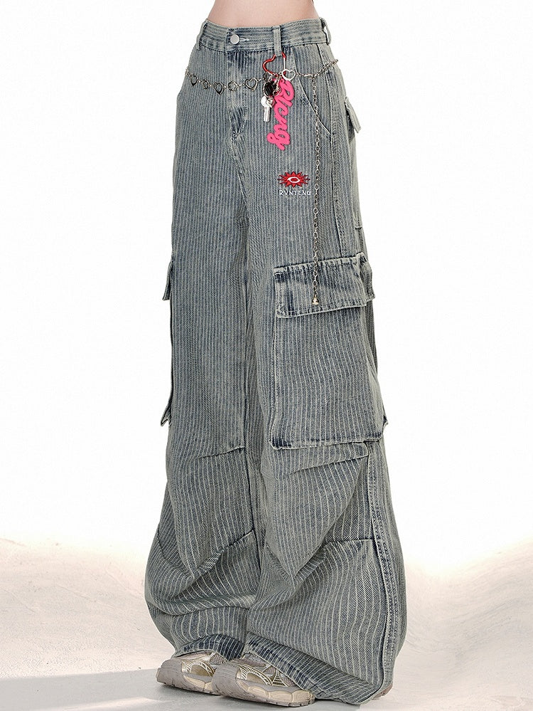 Blue Cargo Pockets Design Relaxed-fit Corduroy Wide-Leg Pants