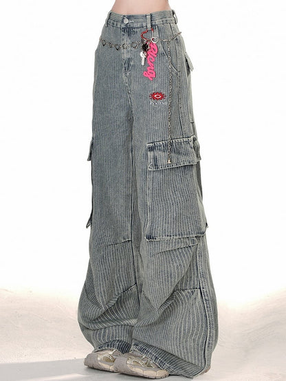 Cargo Relaxed-fit Corduroy Wide-Leg Pants Pockets Design Blue