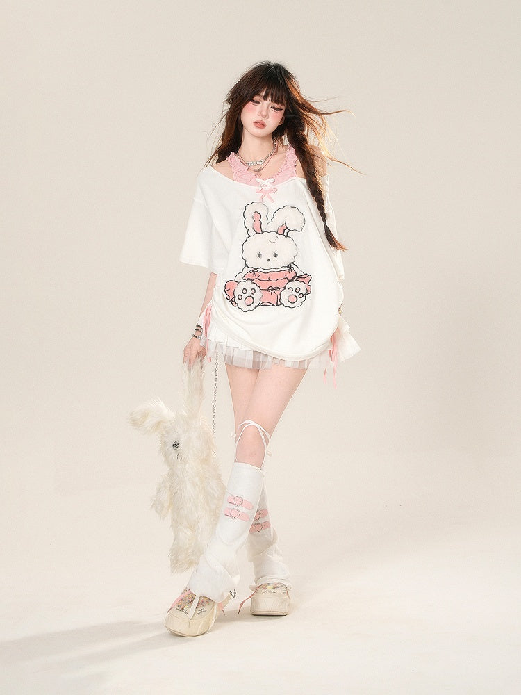 T-Shirt Pattern Adorable Cutout Shoulder Drawstring Waist Bunny White Loose