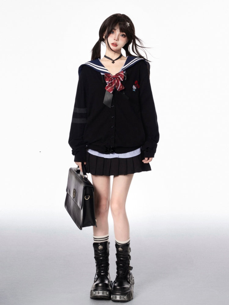 Style Pleated Skirt Double Heart Buckles Black Preppy