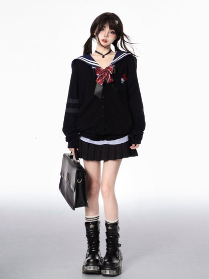 Style Pleated Skirt Double Heart Buckles Black Preppy