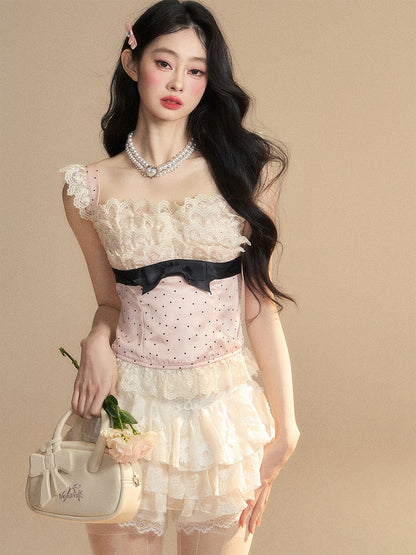 Glamorous Pink Polka-dot Pattern Sleeveless Top Ruffled Lace Trim Detail Bowknot