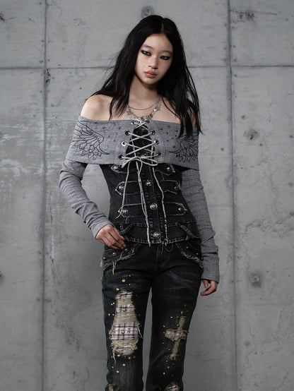 Top Knit Grey with Panels Off-Shoulder Denim Design Vintage Punk