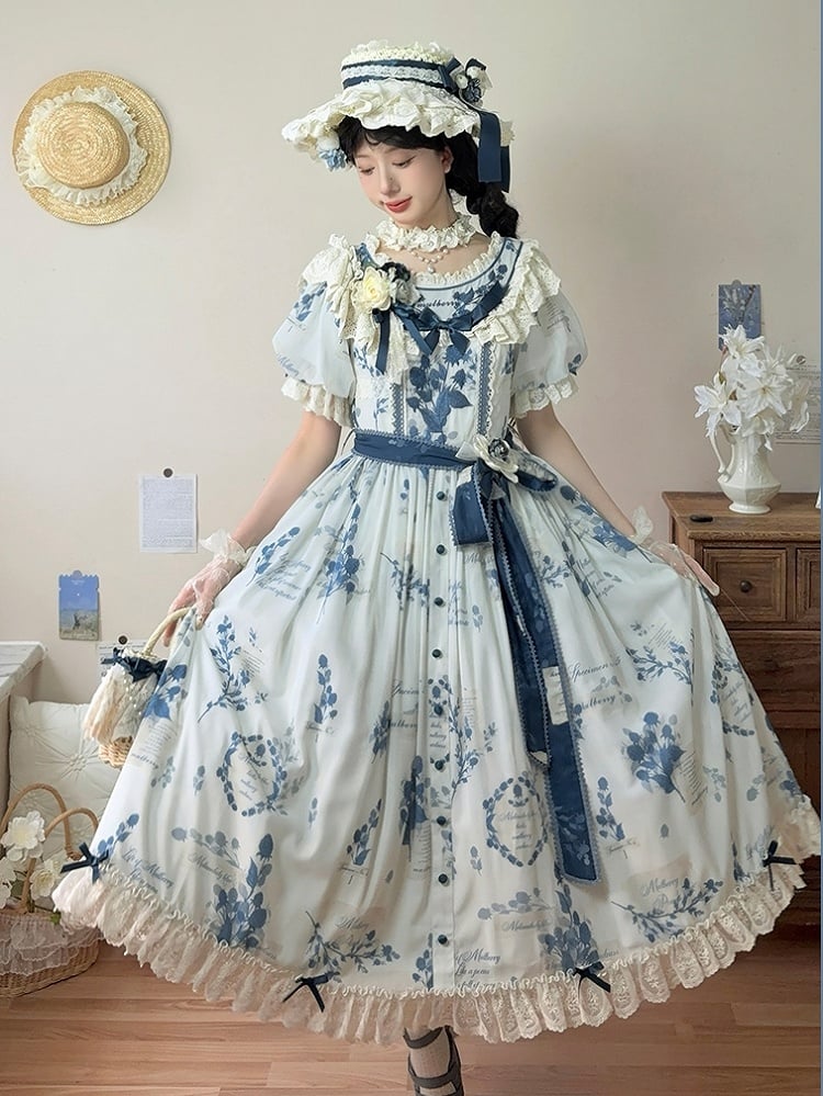 Poetry‌ Print Blue and Sizes Classic Sash Dress Plus with Available Self-tie Elegant Mulberry Lolita