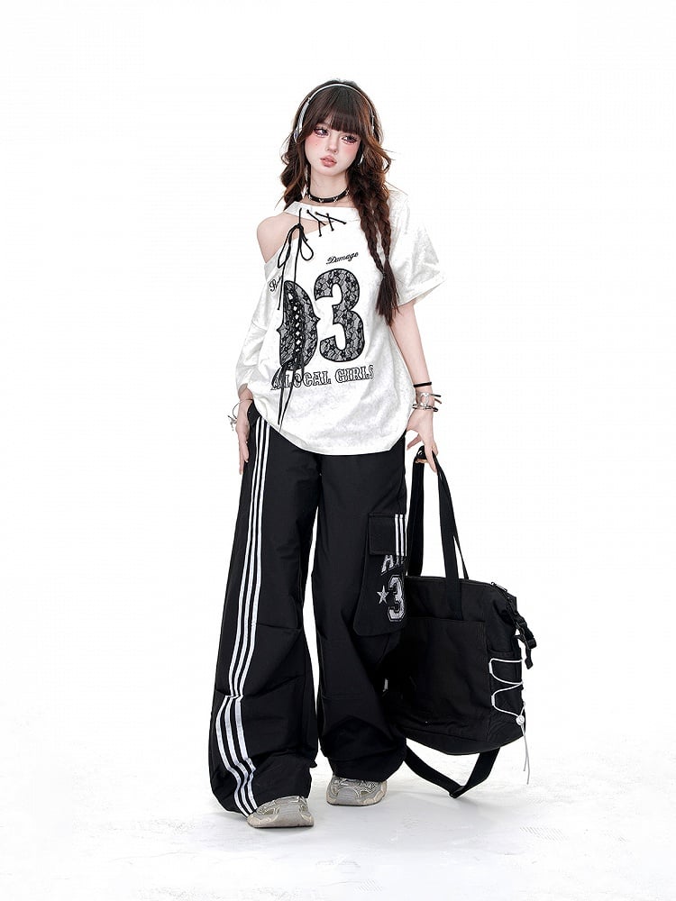 Black Drawstring Waist Cargo Pockets Loose Straight-Leg Pants