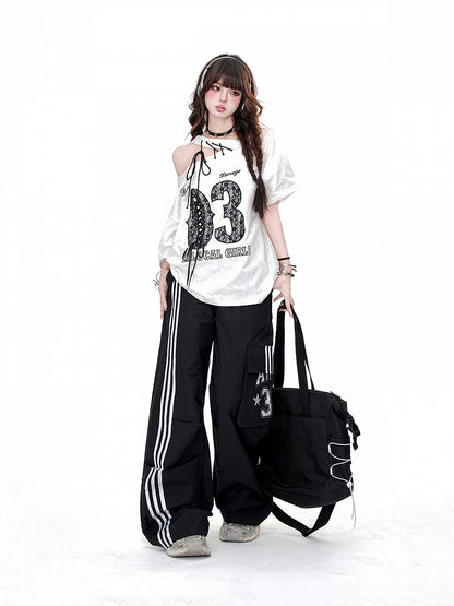 Loose Straight-Leg Pants Pockets Black Drawstring Waist Cargo