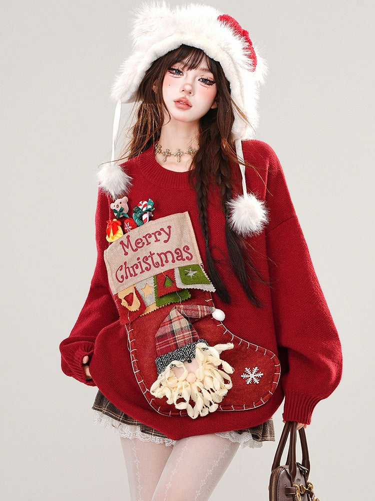 Red Christmas Stocking Design Round Neck Loose Sweater