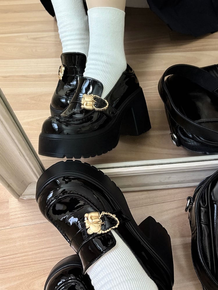 Polished Block Buckles High Bear Platform Slipons Black Heels Hugging Heart