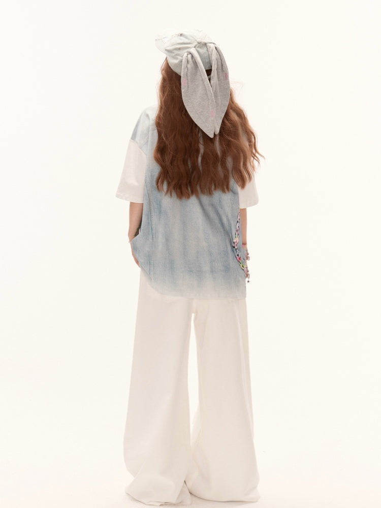 Summer Loose Design T-Shirt Blue Colorblock Denim Top Print