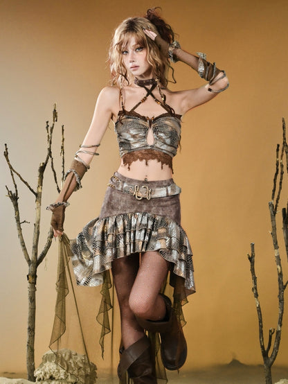 Top Punk Wasteland Snakeskin Trim Pattern Halter Brown Neck Lace