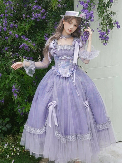 Print Elegant Classic Square Lolita Neckline Purple Painting Oil Full Set Skirt OP