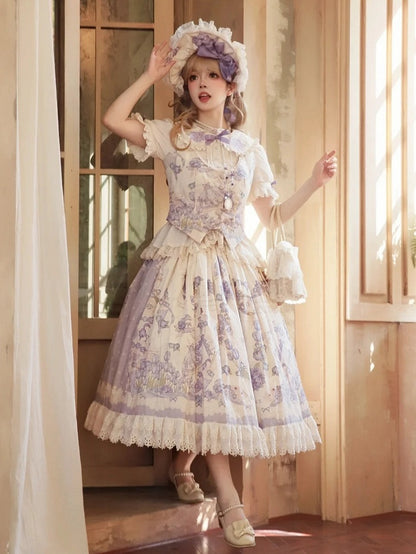 Lolita Purple Classic Floral Print Bonnet