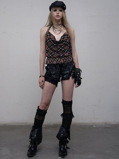 Punk Wasteland Halter Top Neck Neckline Trim Pattern BlackRed Glamorous Plaid Ruffles Cowl