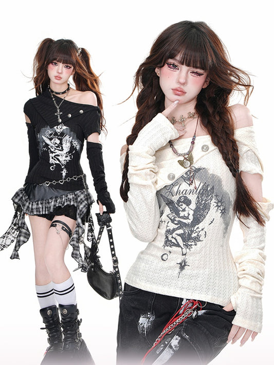 Apricot/Black Asymmetrical Neckline Angel Print Detachable Buttons Glamorous Knitted Top