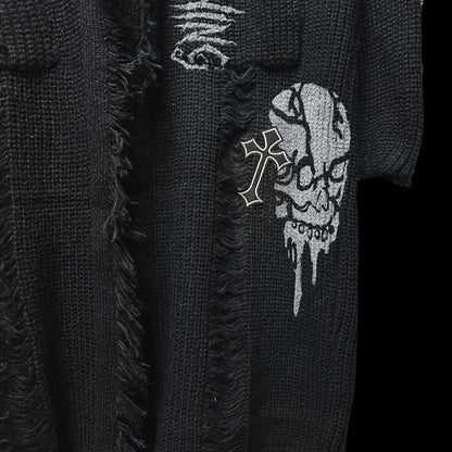 Cardigan gothique punk noir avec croix et squelette, trous de détresse, bord brut