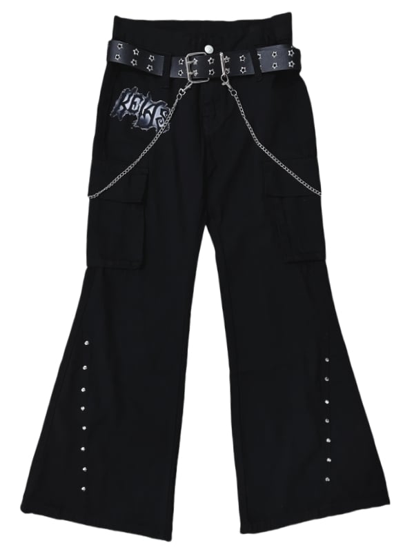 Punk Black Letter Patch Cargo Pockets Low Waist Fishtail Pants with Belt