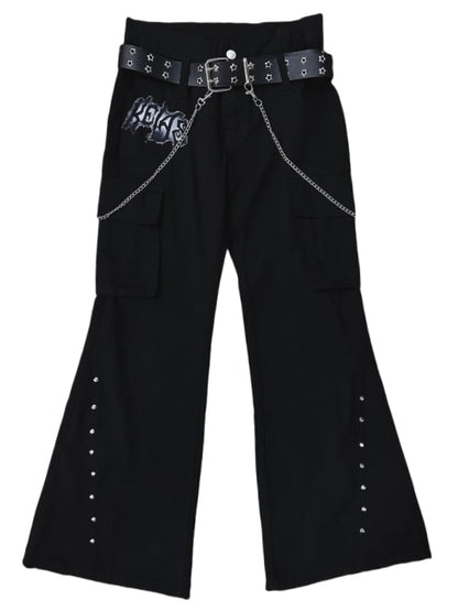 Punk Black Letter Patch Cargo Pockets Low Waist Fishtail Pants with Belt