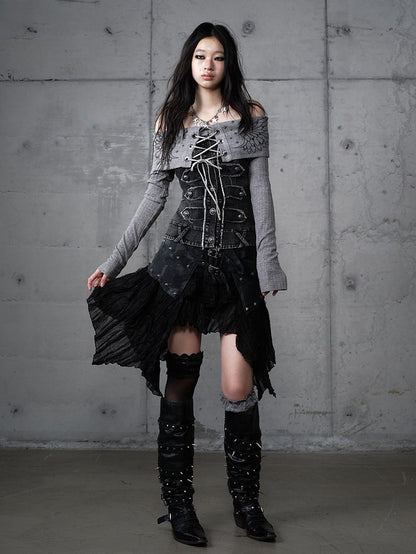 with Hem PU Asymmetrical Flair Skirt Black Studded Punk Edgy Lace Patchwork