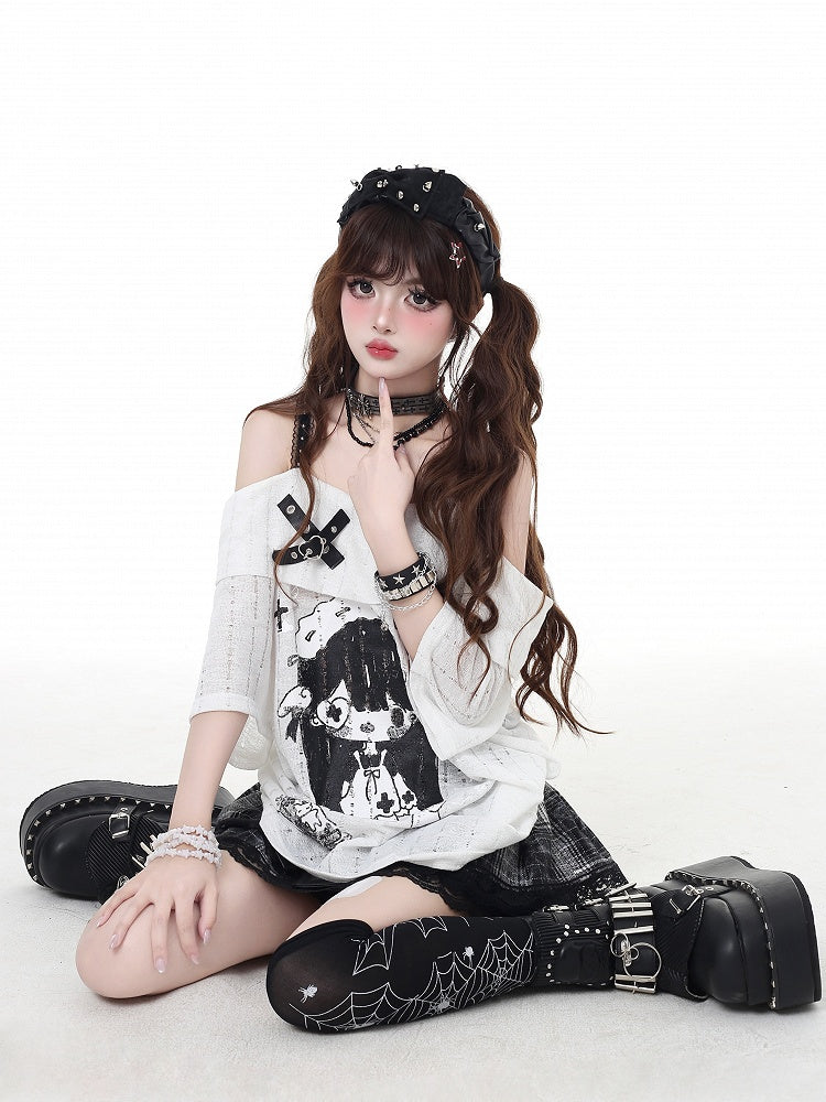 Neckline Girl Print T-Shirt Cartoon Gray/White Off-the-shoulder Criss-cross Design