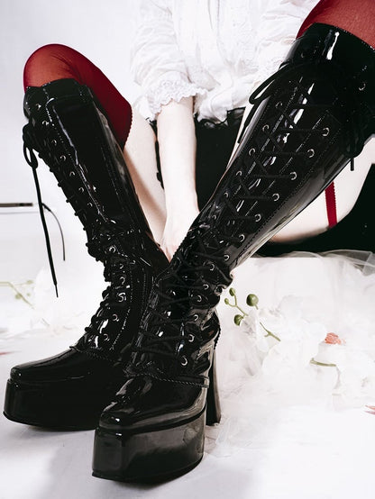 Boots Knee-high Lace-up Ties Front Black Block Heel Platform Polished High Gothic