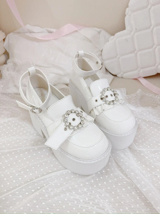 Chunky Buckle Matte Shoes - Ankle White Platform Strap Mary Kei Jirai 9cm Janes Heel with High Block