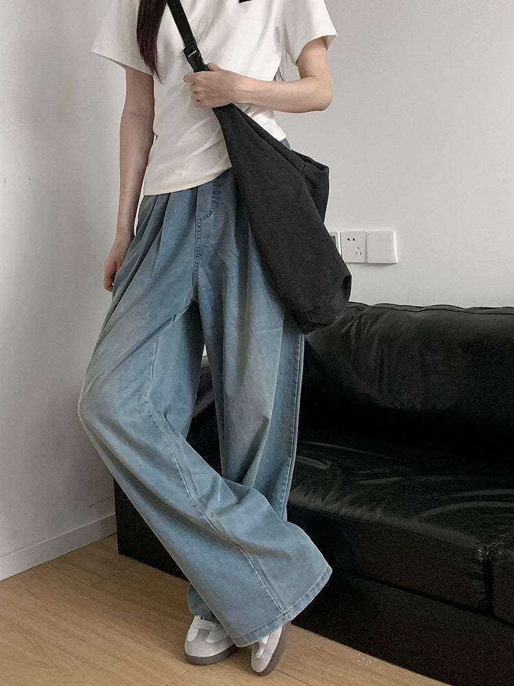 Pants Light Blue/Beige Summer Wide-Leg Casual