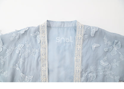 Sleeves Top Hem Butterfly Floral Embroidery Blue Tassels Design Long