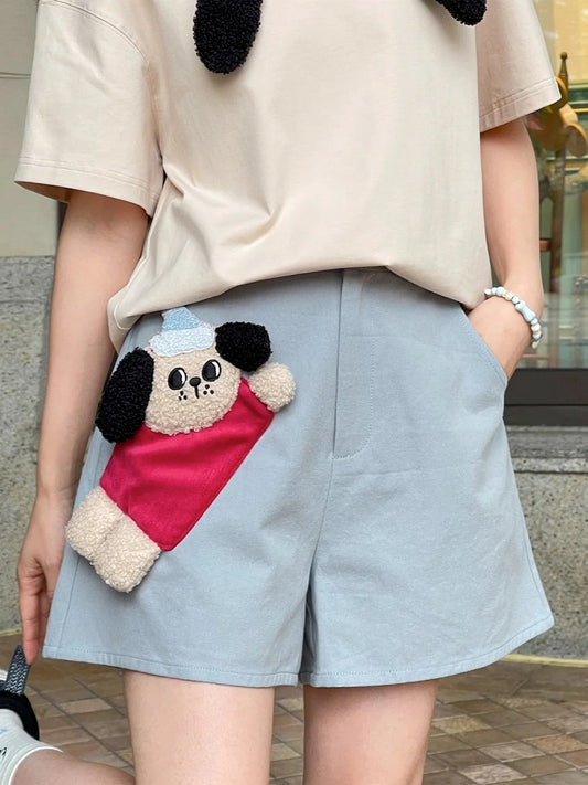 Waist Plush Puppy Applique Light Blue High Straight-leg Shorts
