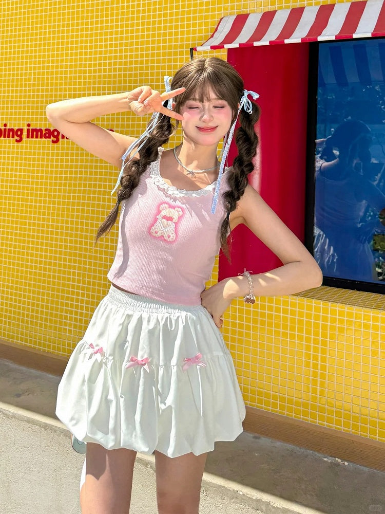 Pink Bowknots White Elastic Waist Bubble Skirt