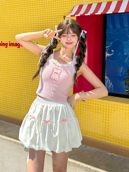 Pink Bowknots White Elastic Waist Bubble Skirt