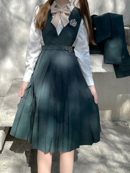 Green Belt with Embroidery 65 Preppy Overalls Box Pleat Skirt / and 70cm Dark