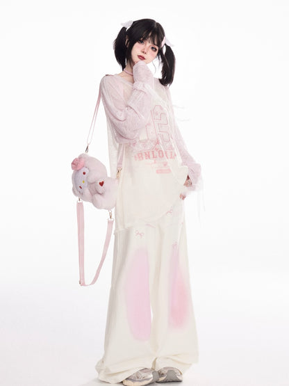 and Pink Ombre Low Apricot Bowknots Print Wide-Leg Pants Waist