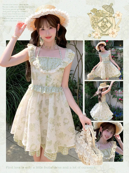 Kei Green Plaid Flutter Sleeves Halter Dress Light Cartoon Print Mori
