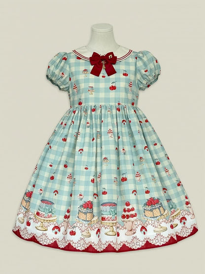 Robe Sweet Lolita vichy taille haute vert menthe à imprimé cerises et desserts