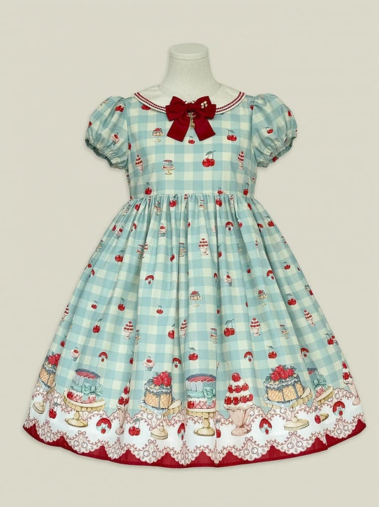 Robe Sweet Lolita vichy taille haute vert menthe à imprimé cerises et desserts