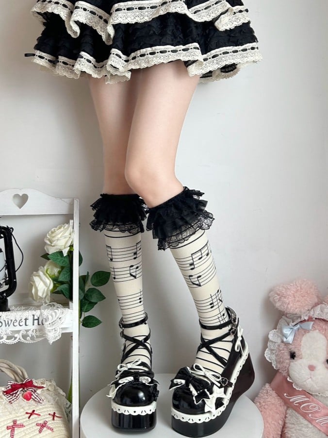 Musical Stockings Print Trim Notes Lace