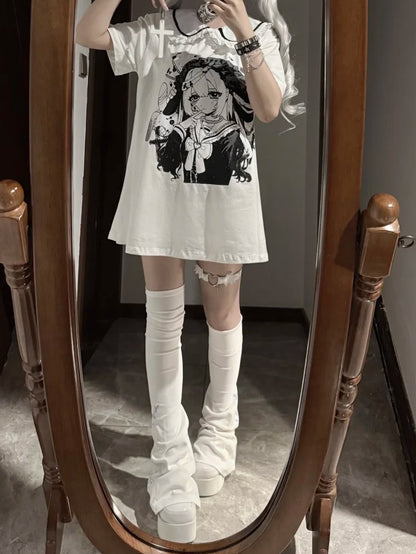 Pan Jirai Kei T-Shirt Weiß Anime Girl Print Peter Collar