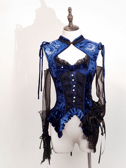 Dark Blue Cheongsam Collar Snake Bones Embroidery Velvet Sleeveless Top