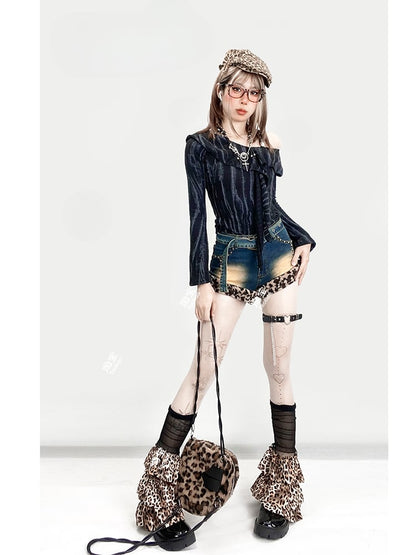 Blue Denim&Leopard Shaggy Plush Trim Distressed Shorts