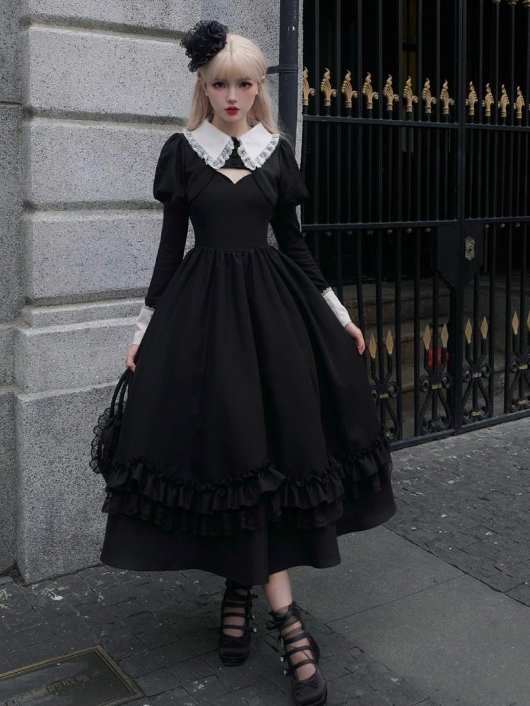 Black Thin Shoulder Straps Scalloped Edge Neckline Classic Lolita Dress