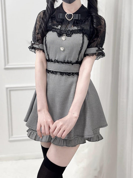 Sweetheart Bowtie Rhinestone Kei Shawl Houndstooth -Shirt Black Jirai Set Top Shorts Lace Collar Decoration +
