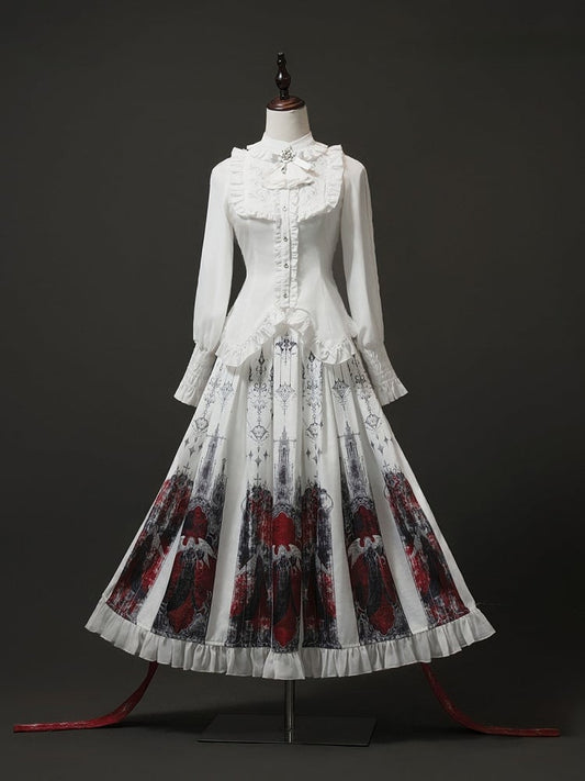 Skirt and White Set Angel Blouse Box Gothic Pleat Printed Ruffled Red
