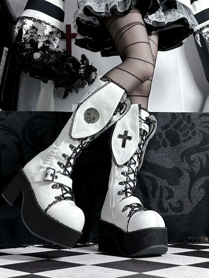 Bad Bunny Lace Trim Bunny Ears White PU Gothic Platform Boots