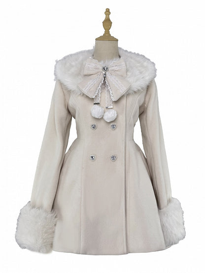 Jirai Kei Beige Detachable Plush Collar and Cuffs Landmine Style Woolen Coat with Bow