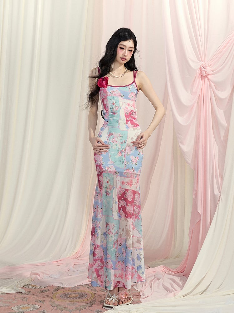 Slip Dress Mermaid Skirt Print Backless Blue Oil Painting Floral