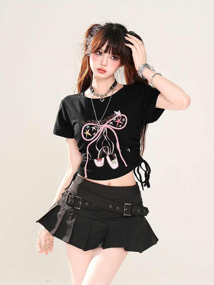 Glamorous Bowknot Black/Yellow/Pink Cropped T-Shirt Drawstring Waist Accent