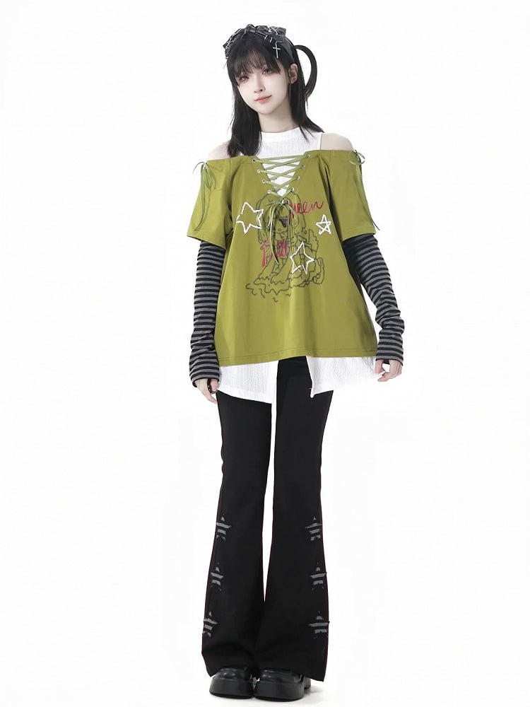 Black Star Appliques Flared Pants