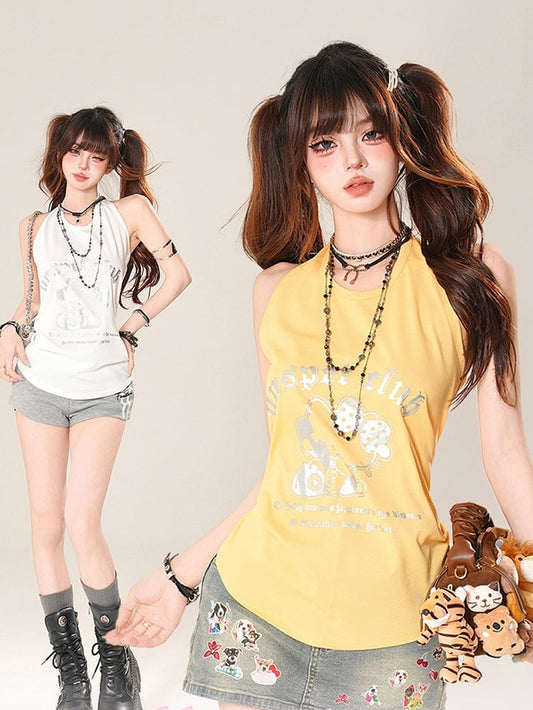 Kitty Print Halter Neck Tank Top Yellow/White