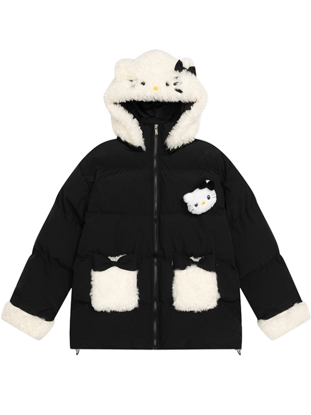 Pink/Black Kitty Adorned Hooded Puffer Jacket Plush Cuffs