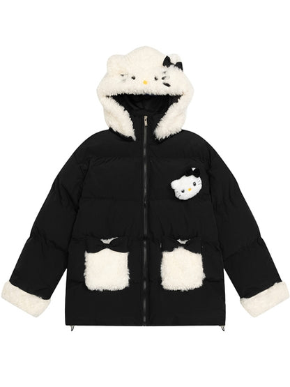Pink/Black Kitty Adorned Hooded Puffer Jacket Plush Cuffs